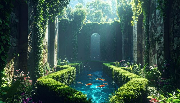 Mysterious Ancient Temple Pool with Fish.