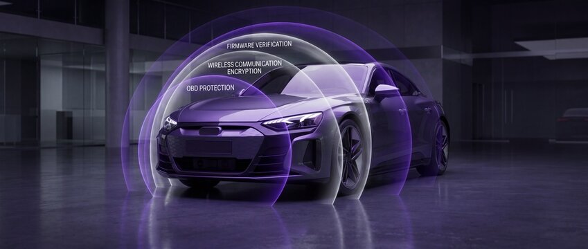 Electric car with purple cybersecurity protection shield and firmware verification obd protection wireless communication encryption in a modern garage