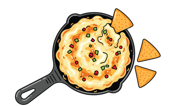 Warm queso dip served in a cast iron skillet with several crispy tortilla chips for a classic and tasty party appetizer.