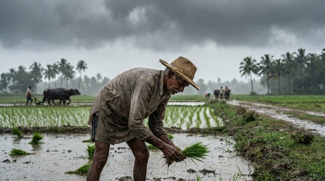 Elderly Indian farmer diligently planting rice seedlings in a flooded paddy field during monsoon season, showcasing traditional agricultural practices and rural life