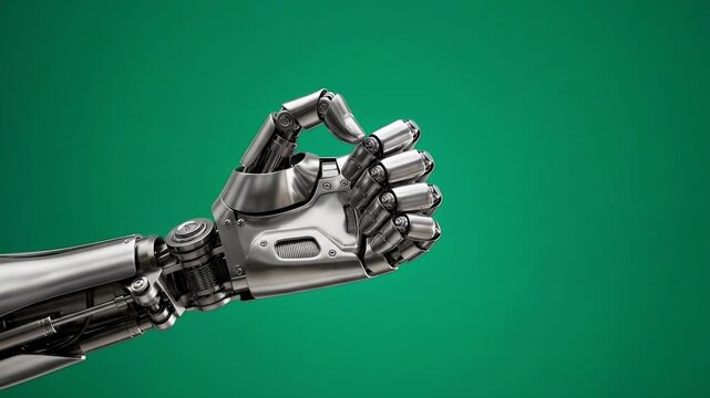Futuristic robotic hand pointing index finger on green background, 3d rendering of bionic mechanical arm
