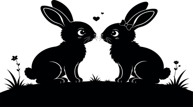 Two black rabbits sitting close together outdoors