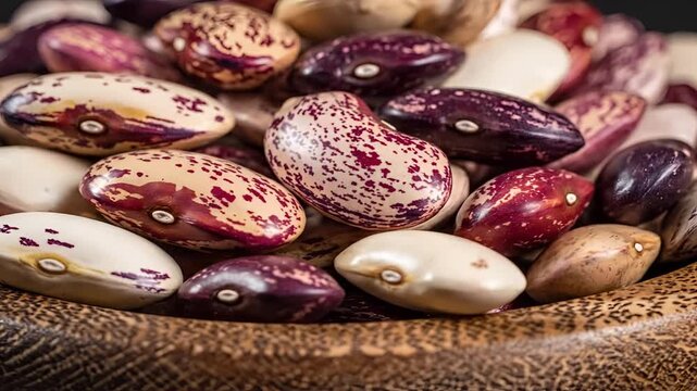 Closeup Macro Shot of Assorted Colorful Beans in a Wooden Bowl.