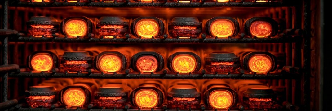 Medium shot of parts arranged on racks inside a heat treatment furnace line glowing as they undergo controlled carburizing to enhance surface hardness and wear resistance.