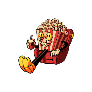 A retro cartoon illustration of a cheerful popcorn mascot sitting comfortably in a red cinema chair, happily holding a cup of soda with a straw, perfect for vintage movie theme designs.