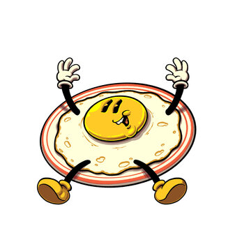 Illustration vintage cartoon sunny-side-up egg character on a plate, waving happily with its hands up. This retro mascot vector is ideal for breakfast diner menus, cafe branding, stickers, and apparel