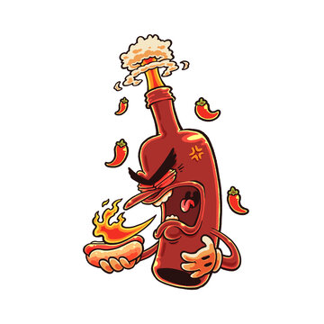 An angry, explosive hot sauce bottle cartoon character holding a flaming hot dog, surrounded by flying chili peppers. This vibrant vector illustration is perfect for fast-food logos, packaging