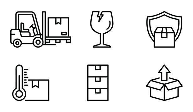 Package handling and storage icons: forklift thermometer fragile symbol box with handling logistics forklift delivery