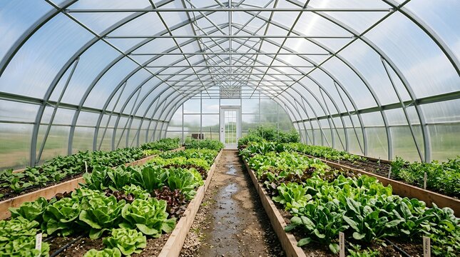 Modern greenhouse interior with rows of organic green lettuce, sustainable agriculture glasshouse for vegetable farming, commercial hydroponic garden