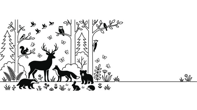 Black and white illustration of woodland forest animals in nature scene.