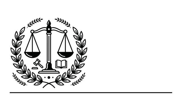Black and white legal justice symbol with scales of justice and gavel.