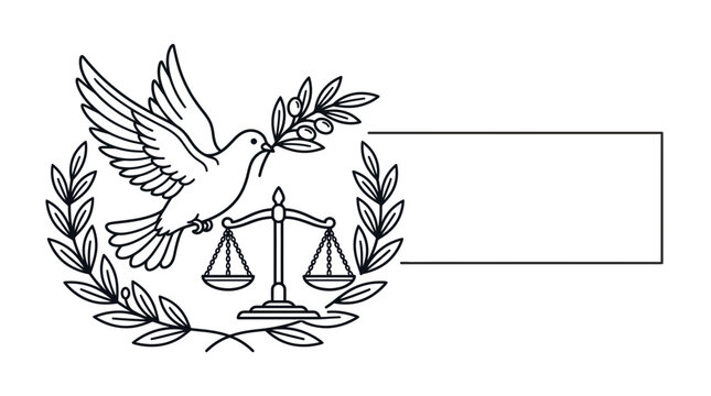 Black and white line art illustration of a dove with olive branch and scales of justice.