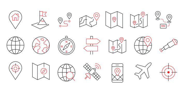 Location map and navigation icons set 21 editable outline minimalist travel GPS navigation line icons set, plane, network,location, satellite, direction,destination, map vector illustration 