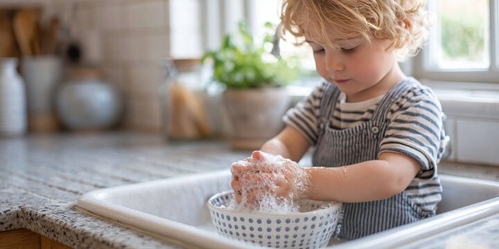Kid is washing dishes - household chores performed by child