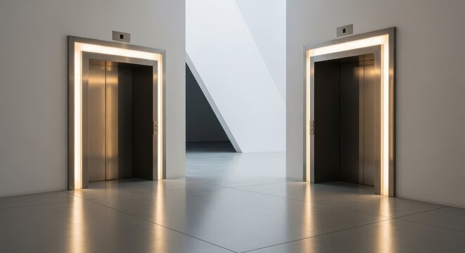 Two modern elevators with illuminated frames in a sleek, minimalist architectural interior