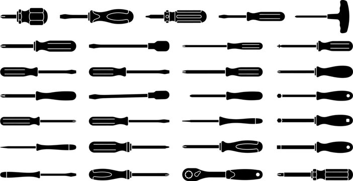 Screwdriver Tool Icon Set Silhouette Vector Illustration