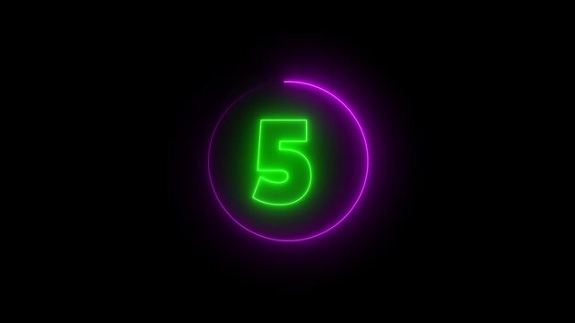10 second countdown timer animation.Neon bright glowing countdown timer animation from 10 to 1 seconds againts black background