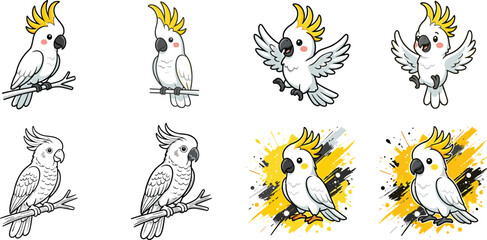 Cute Cartoon Cockatoo Vector Set Featuring White Parrot Characters Flying, Perching on Branches, Vintage Line Art, and Yellow Paint Splatter Background Layouts © Ashik 