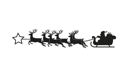 Black silhouette of Santa Claus in his sleigh pulled by flying reindeer with a star. © Putri Silva