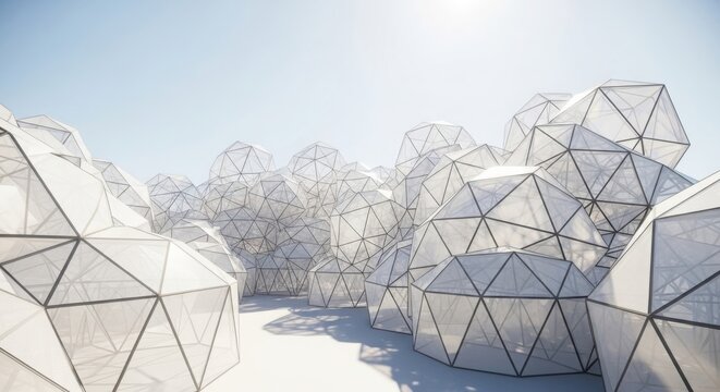 Abstract geometric shapes with wireframe lines and white modern structures