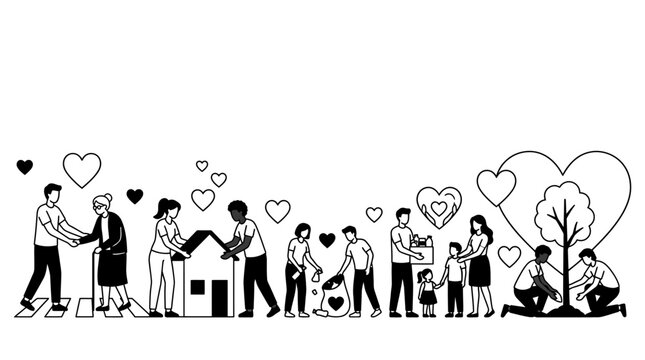 Diverse group of volunteers engaging in various community service and charitable activities 1.