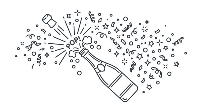 Champagne bottle popping with confetti illustration.