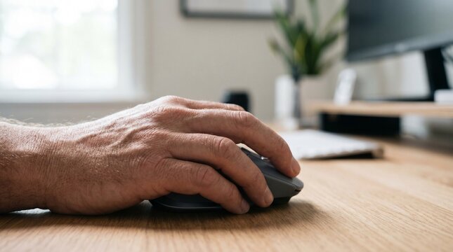 Close-up of a hand using a computer mouse on a wooden desk with a monitor in the background