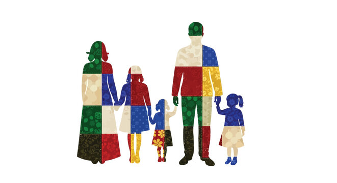 Colorful family silhouette illustration with multicolored patchwork design isolated on white background