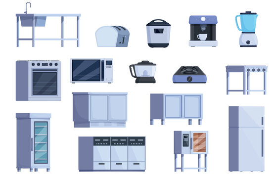 Professional kitchen furniture. Cartoon restaurant or canteen chef interior elements. Different equipment and accessories. Fridge, oven, metal sink, sapid vector set