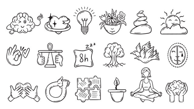 Mental health doodle elements. Psychology, psychotherapy symbols. Basic brain healthcare, mind therapy, silence lifestyle and growth, neoteric vector set