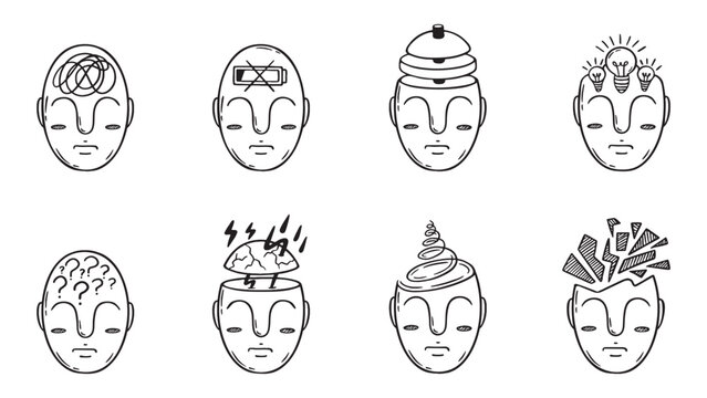 Abstract minds styles. Logical, creative, imaginative mind style. Different mindful and states of psycho. Tired, reflection, confusion, neoteric vector set