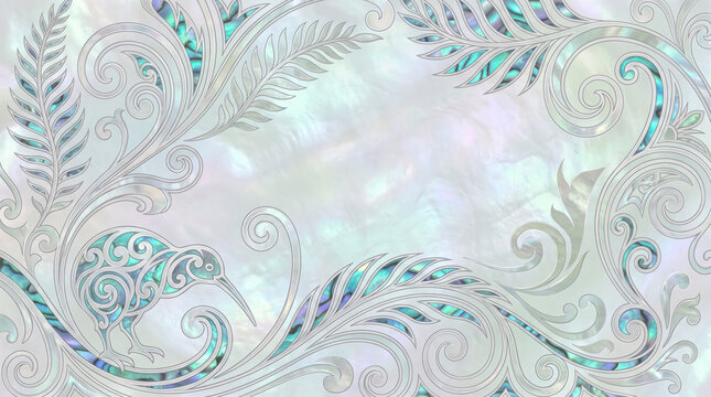 Artistic New Zealand frame background with silver kiwi bird, koru spirals, fern fronds, iridescent paua shell texture, and copy space.
