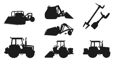 Silhouettes of heavy machinery and tools for construction and agriculture including tractors excavators and shovels © Pabitra