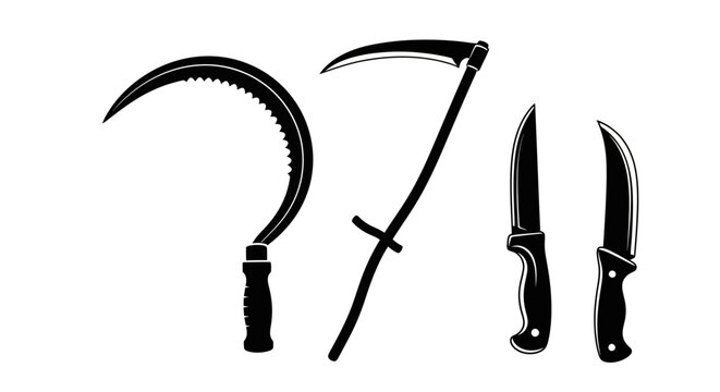 Black silhouettes of scythe sickle and kitchen knives on white background