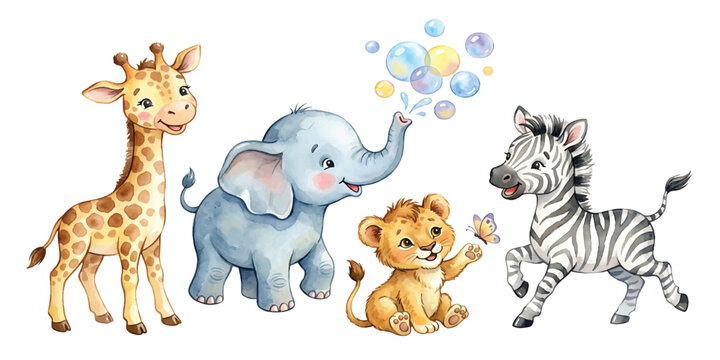 Cute watercolor baby safari animals collection with giraffe elephant lion cub and zebra isolated on white background
