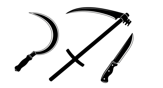 Black silhouettes of scythe sickle and knife on white background tools and weapons
