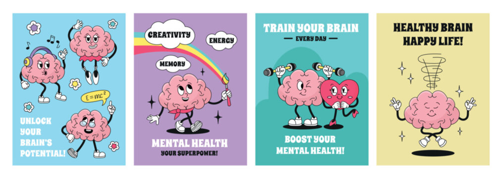 Mental health groovy banners. Motivational cards with funny retro brains. Human mind, psychology positive posters with brain mascots, neoteric vector template