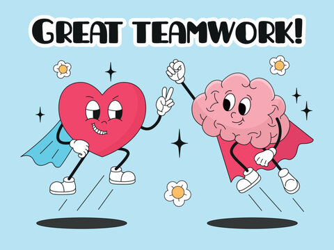 Funny brain poster. Heart and brain working together, dream team of human mental health balance. Psychology and psychotherapy, neoteric vector banner