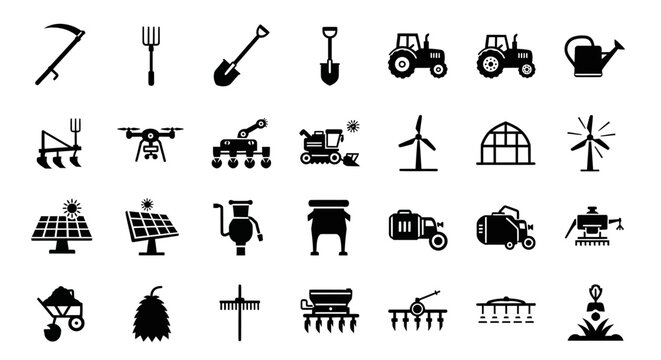 Agricultural icons set including farming tools machinery and renewable energy symbols for sustainable farming practices and eco friendly agriculture