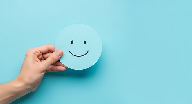 A hand holding a blue circle with a smiling face symbol