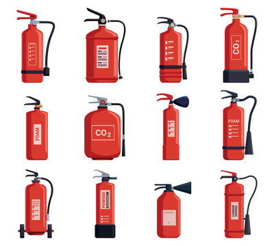 Fire extinguishers icons. Red extinguisher equipment, different shapes of fire extinguisher. Fire protection elements, isolated safety objects from burning flame, sapid vector set