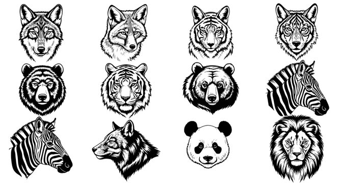 Detailed black and white animal heads illustrations set featuring wolf tiger bear zebra panda and lion faces in a graphic style