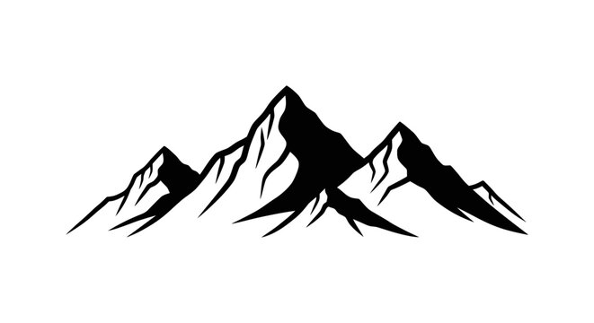 Snowy mountain range silhouette with rugged peaks and slopes in black and white