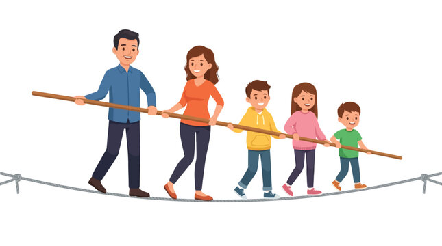 Family walking together on tightrope teamwork balance and unity illustration with wooden isolated on white background