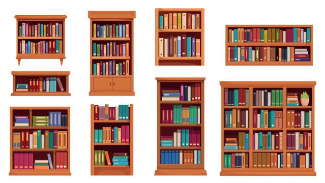Cartoon bookcases. Library interior furniture for books. Bookcase and bookshelf for store, school, college, home interiors. Reading tools sapid vector clipart