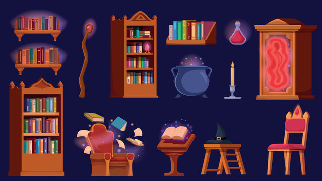 Magic library objects. Magician school or academy cartoon furniture. Chair and stool, wooden desk, cauldron, bookshelves and bookcase, fantasy sapid vector set