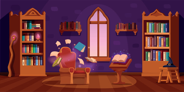 Magic library interior. Cozy room for reading in magician academy. Flying books, witchcraft sparkles, witch black hat. Bookcases with books, sapid vector scene