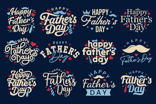 Happy Father&rsquo;s Day typography set with hearts, tie, mustache vector illustration. Hand drawn lettering collections for Father's Day greeting card, Banner, poster. Dad loving text, sticker, label, tag.