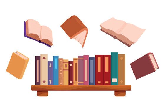 Cartoon book festival banner. Bookshelf with flying books around. Literature lesson, book lovers, library or bookstore. Educational sapid vector scene