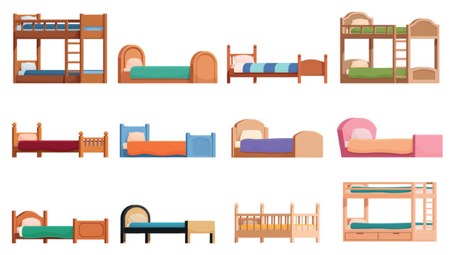 Cartoon children beds. Different cozy bed for kids room interior design. Isolated furniture for teenage, toddlers, newborn baby, sapid vector clipart